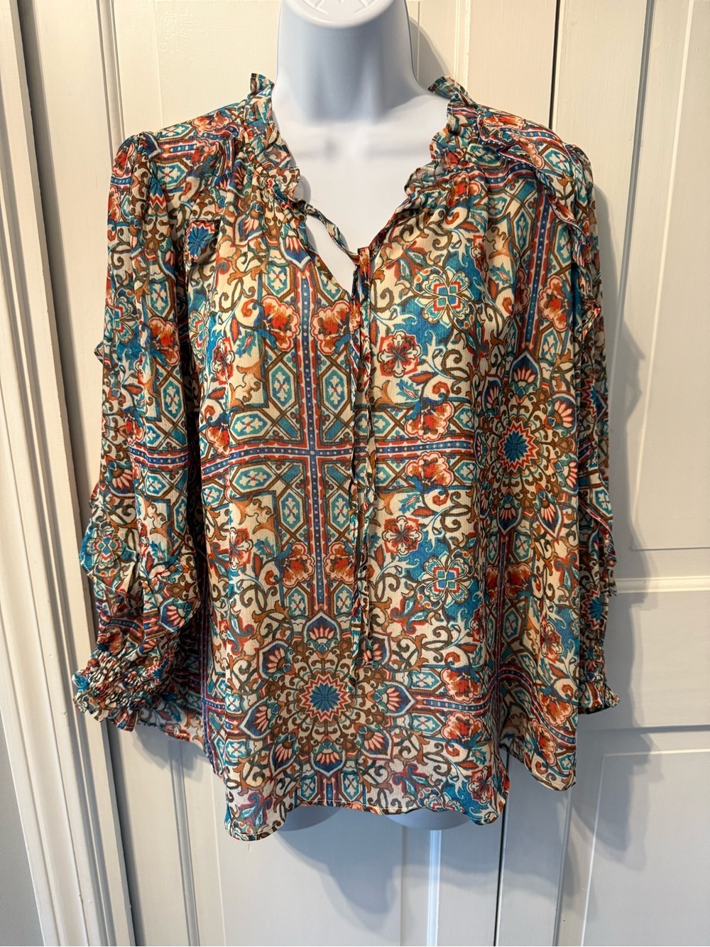 Cato Multicolor Tile-Pattern Bohemian Blouse - Teal, Orange, Cream